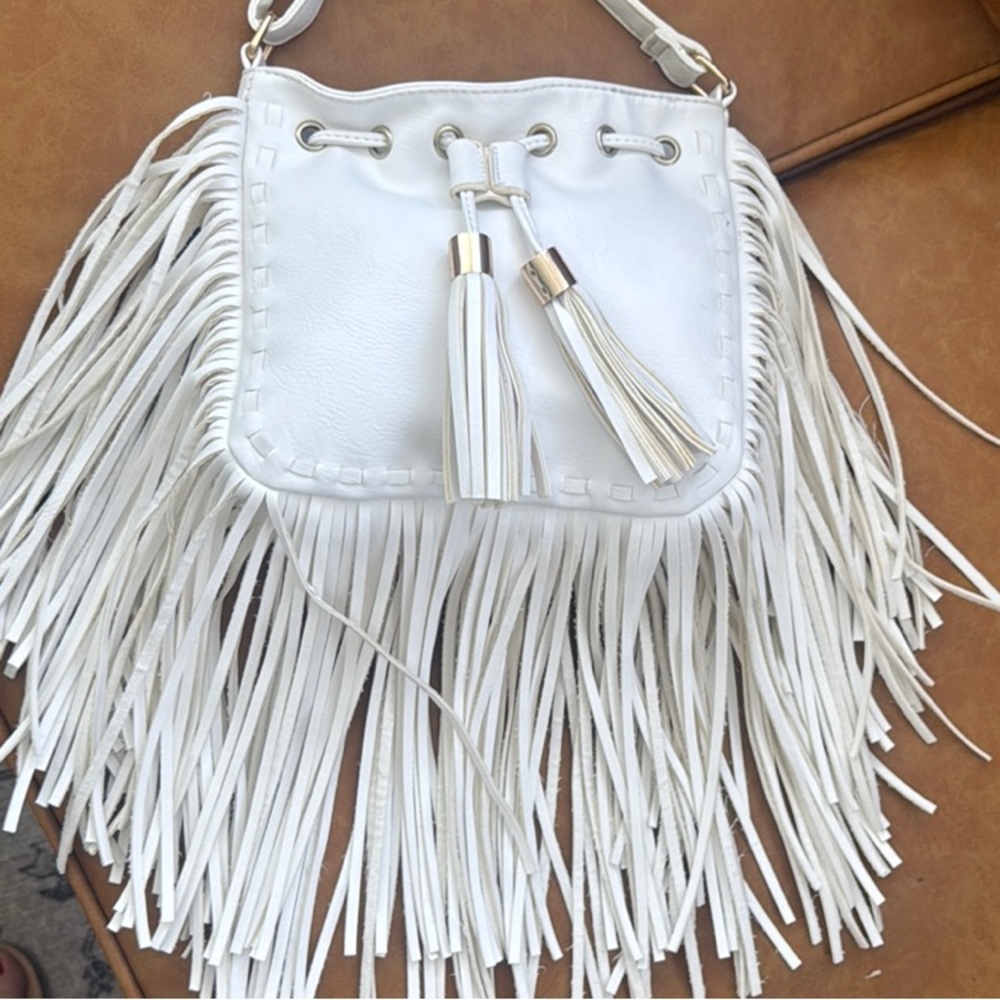 White Long Fringe Tassel faux leather  Crossbody Bag